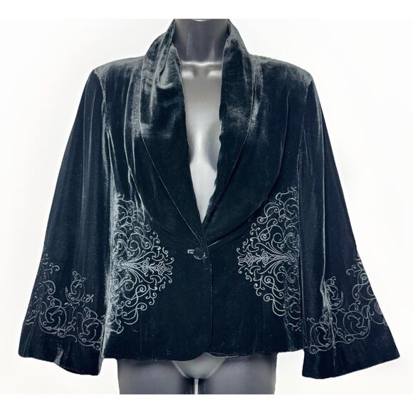 Style & Co Black Velvet Blazer Jacket Size 8 Embroidered 3/4 Bell Sleeve Coat - Picture 1 of 10